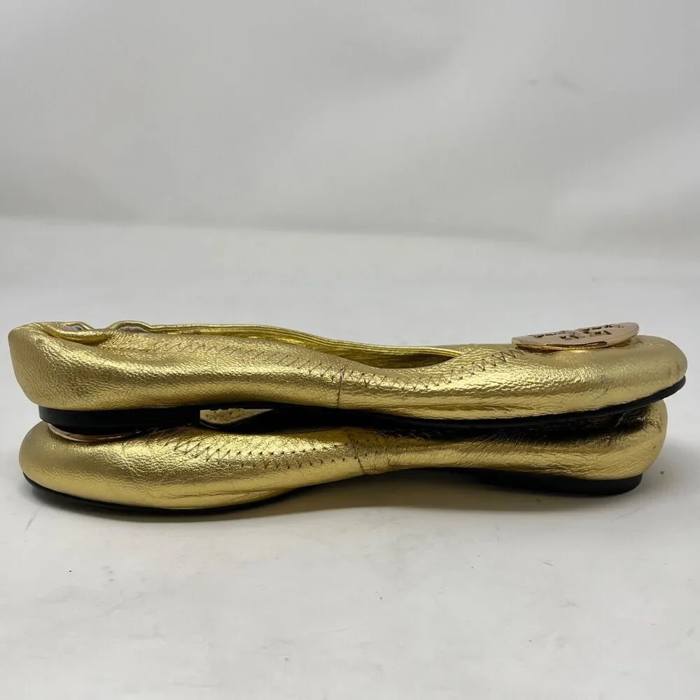 TORY BURCH Reva Gold Leather Flat Ballet Ballerina Shoes with T-Logo Women's 8.5
